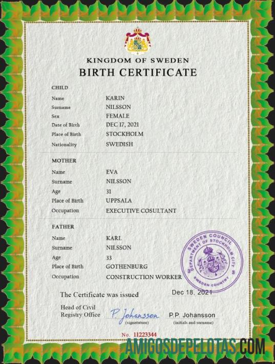 Realista modelo PSD de certidão de nascimento de registro vital da Suécia, totalmente editável